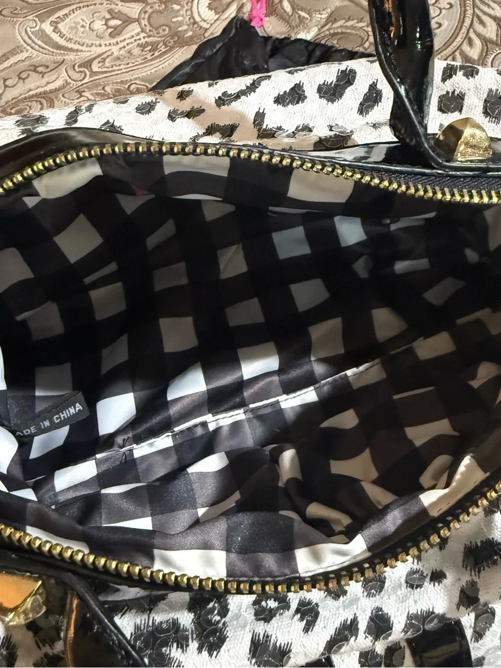 Betsey Johnson Black & White “Leopard Print Sequins” Satchel with Gold Hardwar